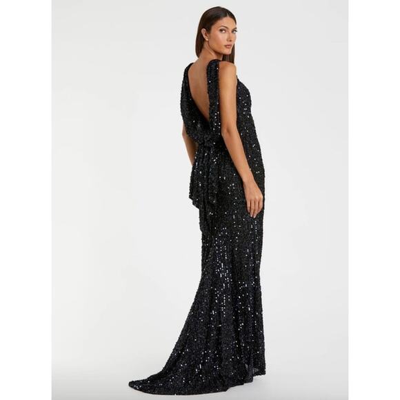 MAC DUGGAL Dress Size 12 Evening Gown Sequin Navy Blue Cowl Back - Picture 2 of 7